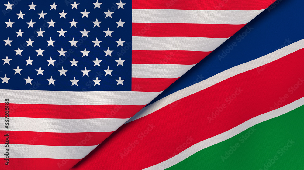 The flags of United States and Namibia. News, reportage, business background. 3d illustration - obrazy, fototapety, plakaty 