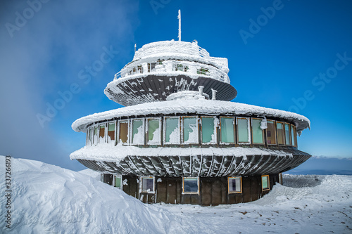 Fototapeta Naklejka Na Ścianę i Meble -  View of Polish Meteo Observatory hut on summit of Snezka or Sniezka mountain.