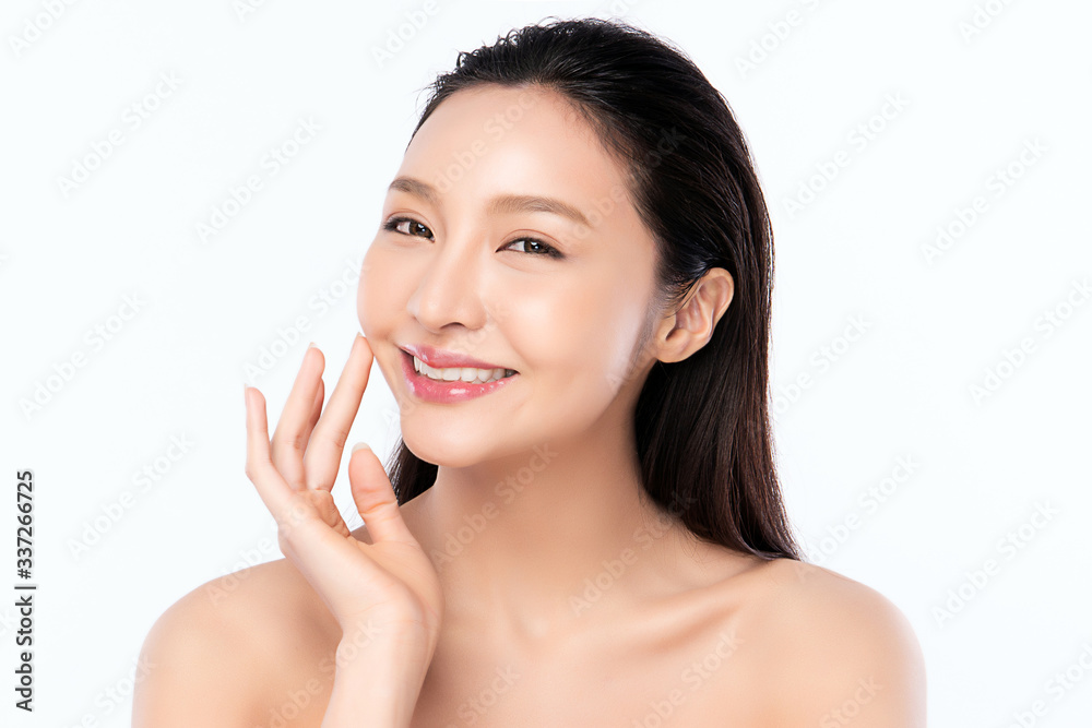 Beautiful Young Asian Woman with Clean Fresh Skin. Face care, Facial treatment, Cosmetology, beauty and healthy skin and cosmetic concept, woman beauty skin isolated on white background Beautiful Young Asian Woman with Clean Fresh Skin. Face care, Facial treatment, Cosmetology, beauty and healthy skin and cosmetic concept, woman beauty skin isolated on white background