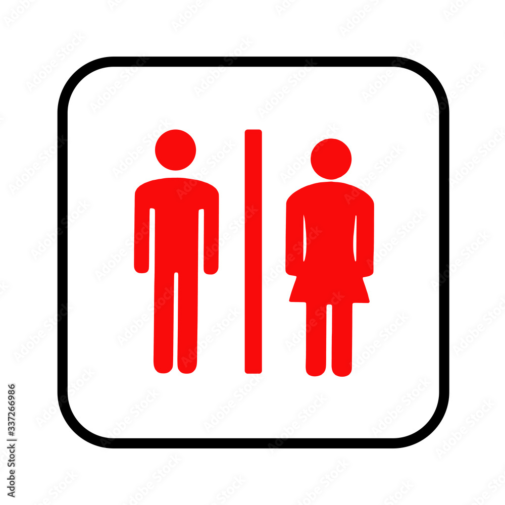 panneau pour les toilettes pour homme et pour femme en rouge dans un carré noir sur un fond blanc