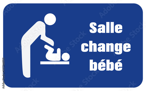 carte ou bandeau "salle pour le change d'un bébé" avec un homme et son bébé en blanc sur fond bleu