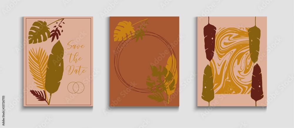 Abstract Asian Vector Covers Set. Tie-Dye, Tropical Leaves Flyers. Cool 