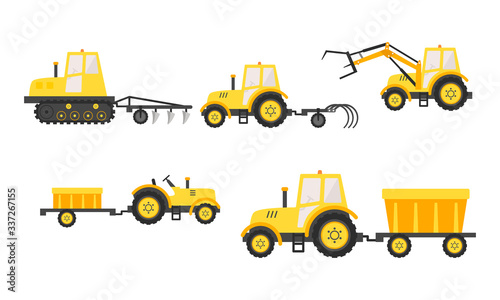 Hand drawn yellow agricultural machinery for harvesting