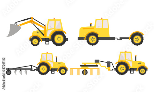 Hand drawn different types of yellow agricultural machinery for harvesting