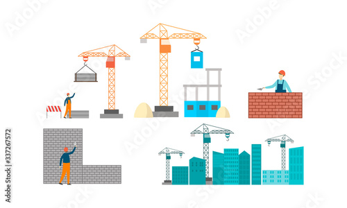 Set of isolated hand drawn builders and construction in progress