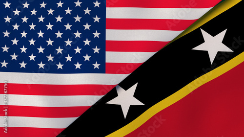 The flags of United States and Saint Kitts and Nevis. News, reportage, business background. 3d illustration