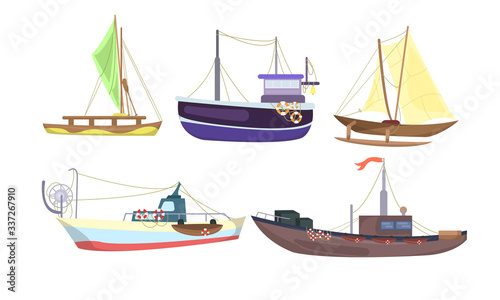 Different kinds of ships and yachts over white background