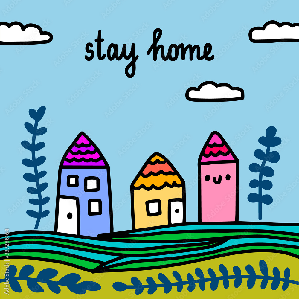 Stay home hand drawn vector illustration in cartoon comic style tiny houses smiling isolation quarantine pandemic