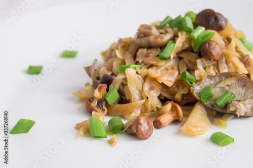 stewed white cabbage with wild mushrooms decorated with green onion