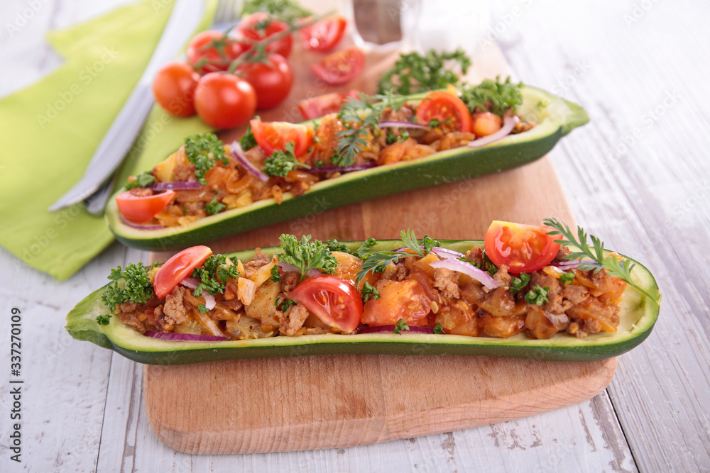 zucchini with minced beef, tomato and red onion zucchini with minced beef, tomato and red onion