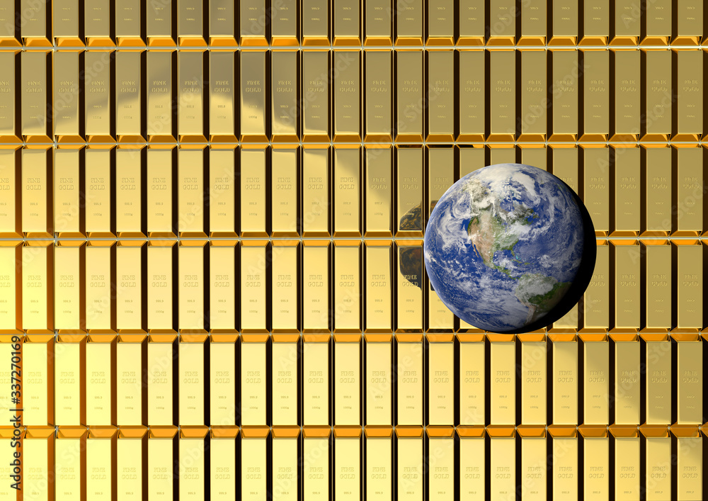 Fototapeta premium A 3D rendering wall of fine glod bar with the earth