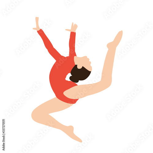  isolated, in flat style girl gymnast jumping, stretching