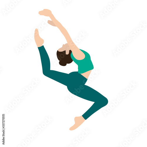  isolated, in flat style girl gymnast jumping, stretching