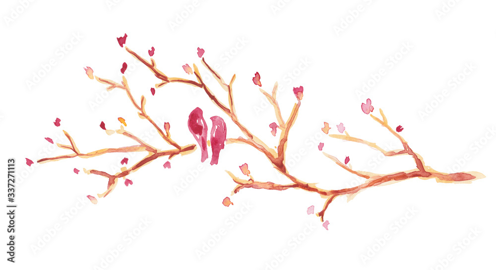 Two love birds on a blossom tree branch