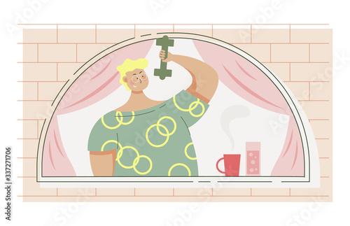 Cute guy lifts a dumbbell. playing sports every day. Man near a window. Self isolation on a balcony. Stay home lifestyle. Quarantine pandemic coronavirus. Flat vector illustration