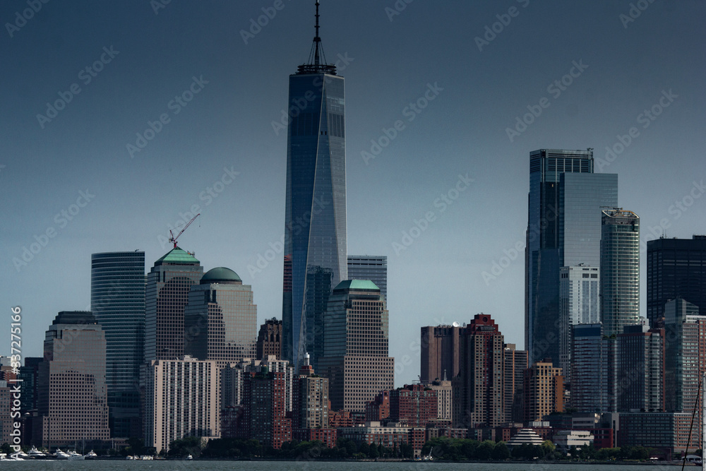 New York City skyline with clear sky and buildings, skyscrapers