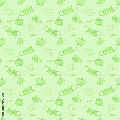 Surgical mask with airborne bacteria and virus particles hand drawn design seamless pattern, COVID-19, Coronavirus. Vector illustration wallpaper and background.