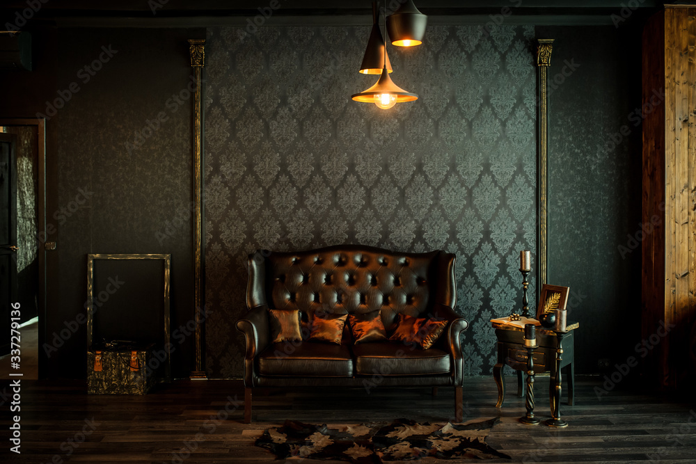 Old vintage interior with leather sofa - obrazy, fototapety, plakaty 