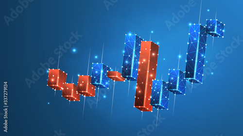 Stock market chart. Growing financial index. Low poly, wireframe 3d vector illustration. Abstract, polygonal image on blue neon background