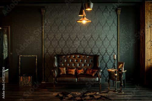 Old vintage interior with leather sofa photo