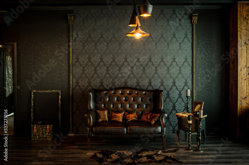 Old vintage interior with leather sofa