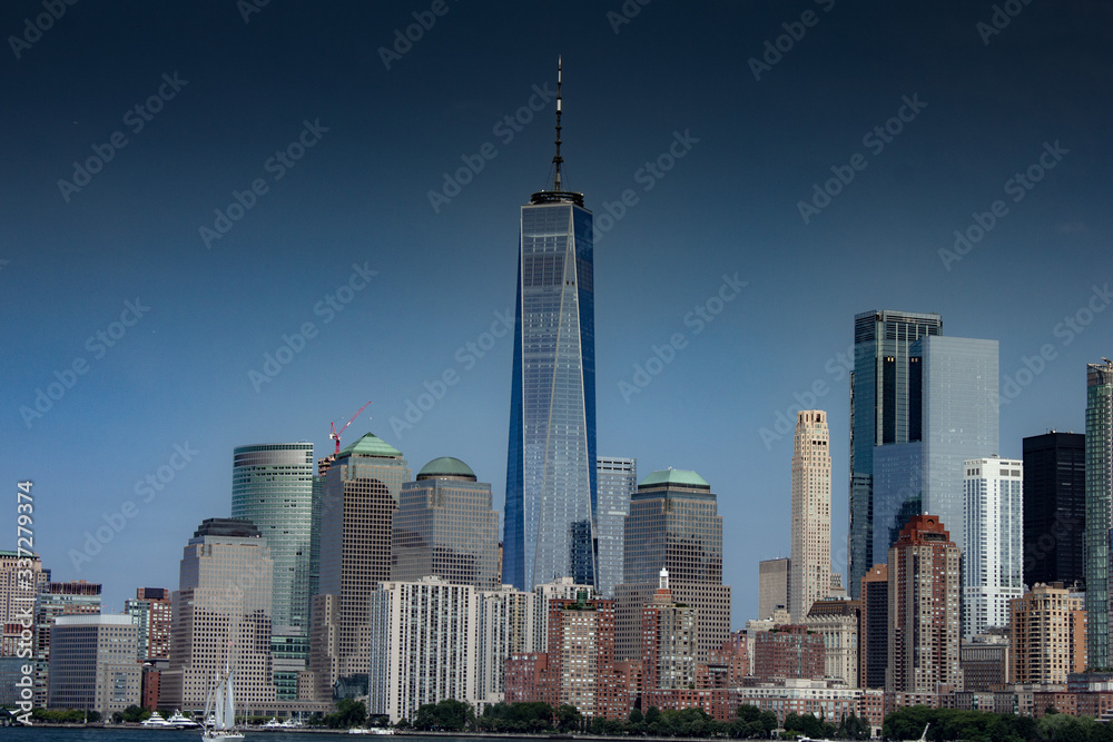 New York City skyline in summer with blue sky