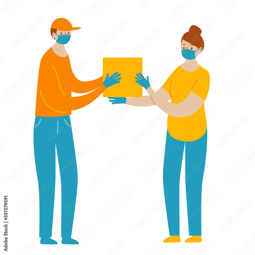 Illustration of courier in medical facial mask and gloves delivering parcel to woman during quarantine. Concept of delivery of goods during the epidemic. Illustration of courier in medical facial mask and gloves delivering parcel to woman during quarantine. Concept of delivery of goods during the epidemic.