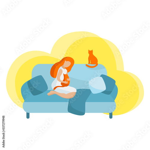 vector red hair woman in white dress sitting on the sofa with cats illustration stay home