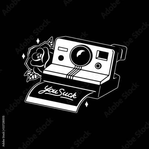 YOU SUCK RETRO PHOTO CAMERA WHITE BLACK BACKGROUND