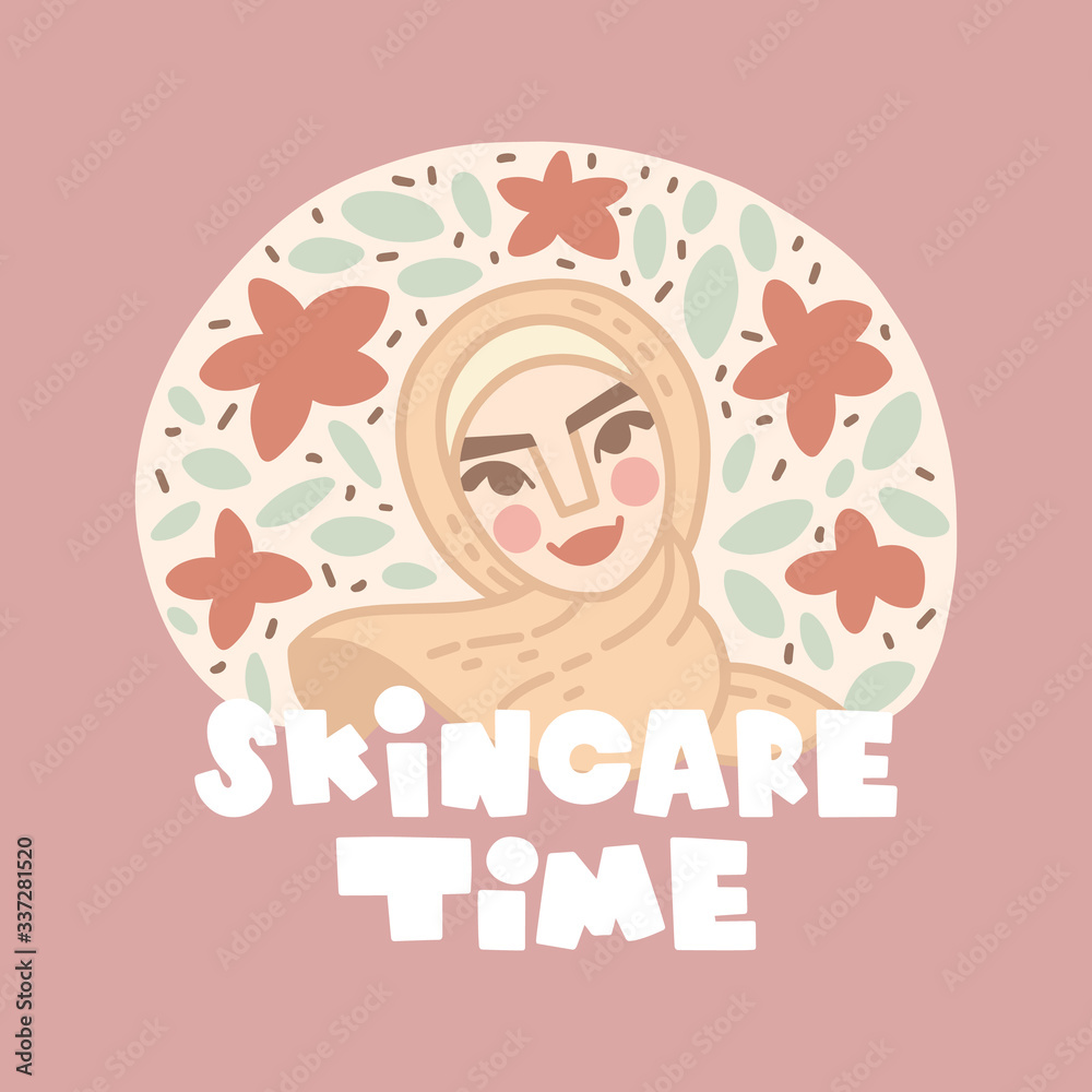 Vector hand drawn illustration in flat style. Skincare time lettering. Dermatology and cosmetology, skin care routine. Clean healthy skin, cream, beauty products. Girl portrait, hijab fashion.