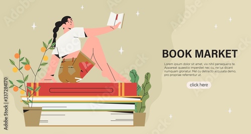 Vector illustration of woman sitting on pile of books and reading. Creative banner, poster, invitation for book crossing, exchange, marker, fair or online library. World literacy or reading day.