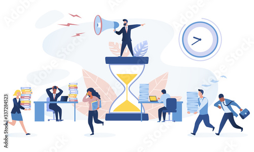 Time management concept. Multiracial office workers trying to finish work on time. Working in high stress conditions and under hard boss pressure. Vector illustration