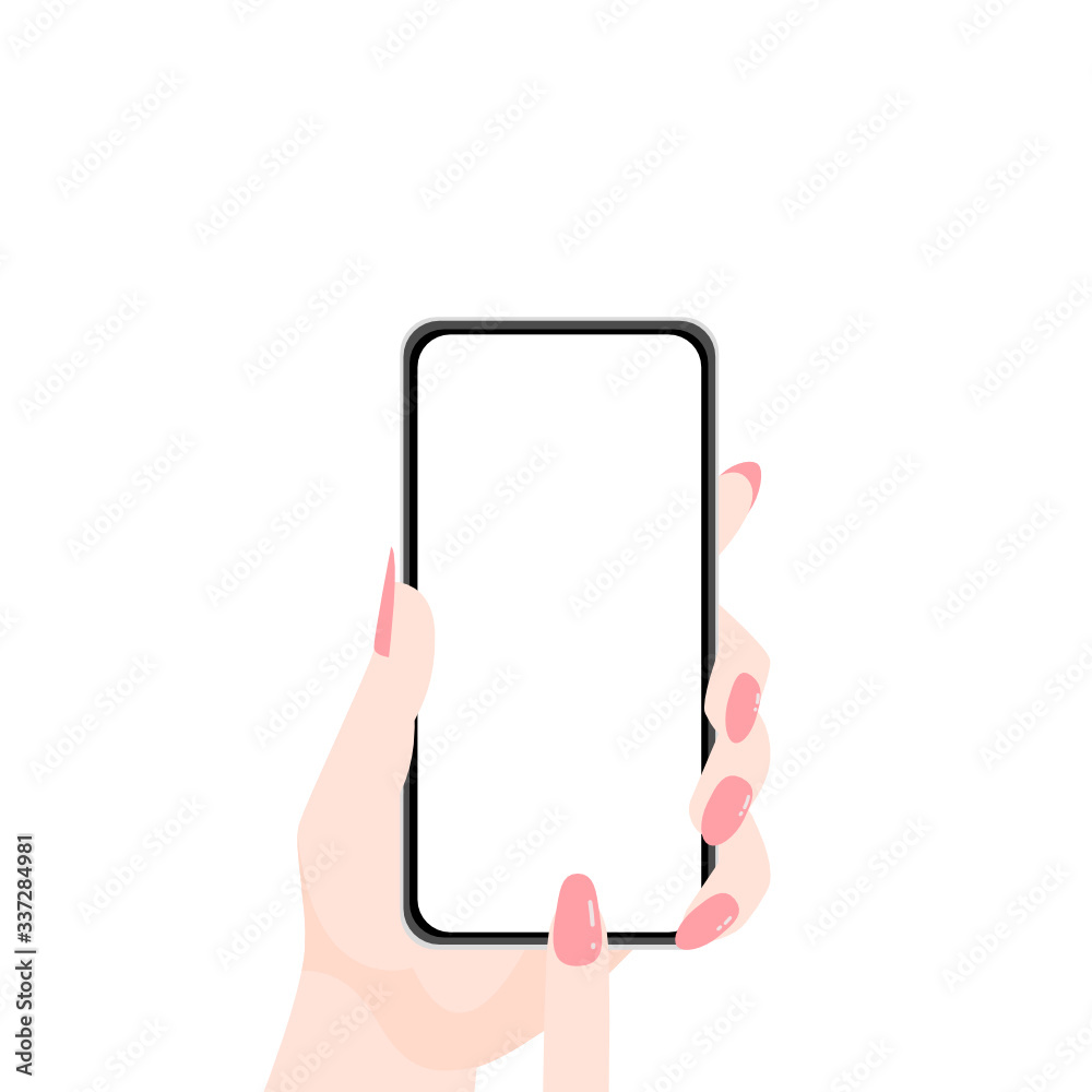 custom made wallpaper toronto digitalWoman’s hand with pink nails holding smartphone empty screen.  Top view. vector illustration.