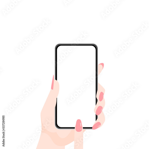 Woman’s hand with pink nails holding smartphone empty screen.  Top view. vector illustration.