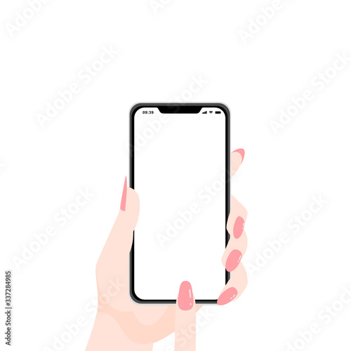 Woman’s hand with pink nails holding smartphone empty screen.  Top view. vector illustration.