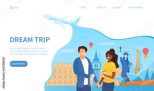 Travelling concept with a multiracial couple standing together and holding hands against the eiffel tower, coliseum and statue of liberty. Vector illustration
