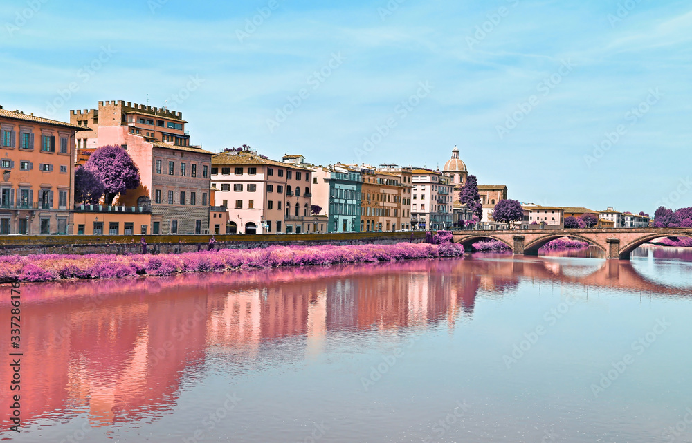 infrared artistic scenery of Arno river in Florence city Italy