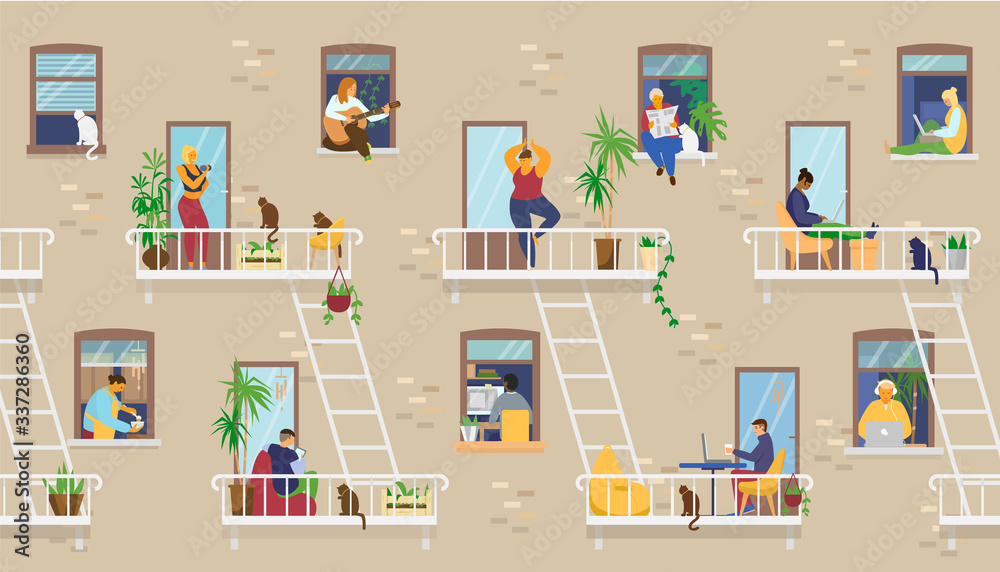 House exterior with people in windows and balconies staying at home and doing different activities: studying, playing guitar, working, doing yoga, cooking, reading. Flat vector illustration. House exterior with people in windows and balconies staying at home and doing different activities: studying, playing guitar, working, doing yoga, cooking, reading. Flat vector illustration.