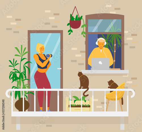 Young couple at home. Blond smiling woman doing exercices with dumbbells on balcony with cats and plants.Man in headphones in window works from home at laptop. Home activities. Flat vector.