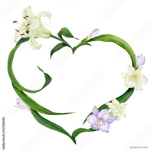 Tropical heart wreath with white lily and violet freesia, traced watercolor