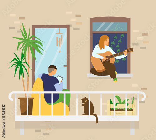 Young couple with cat on balcony. Man sitting in bean bag chair using tablet, girl playing guitar sitting on windowsill. Home activities. Flat vector illustration.