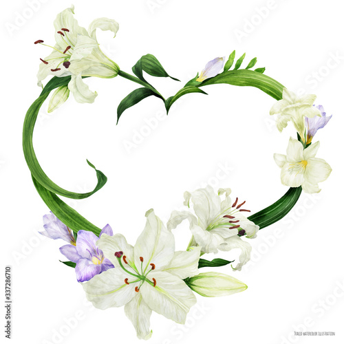 Tropical heart wreath with oriental lily and freesia, traced watercolor