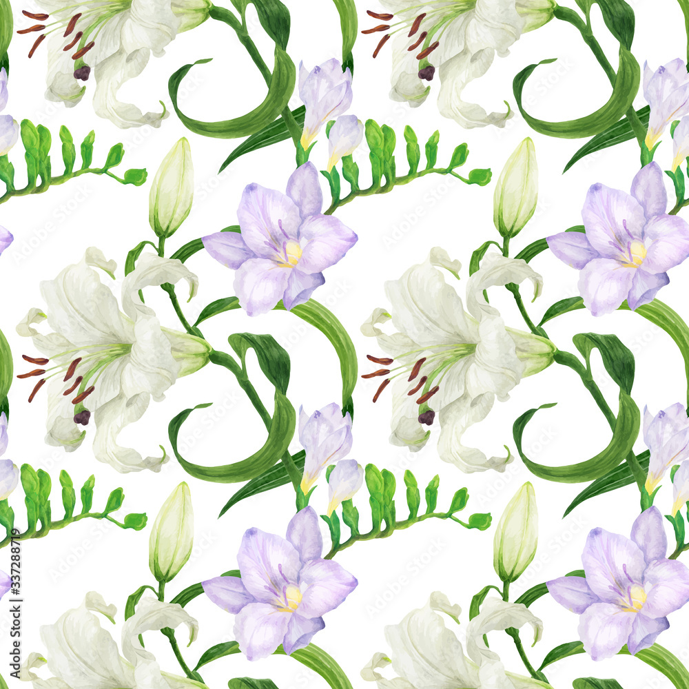 Obraz premium Lily and freesia flowers traced watercolor seamless pattern