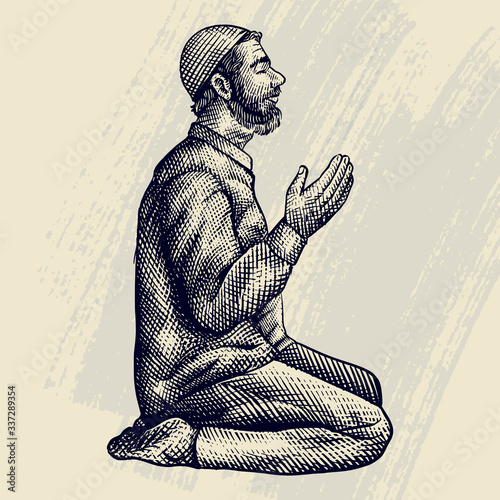 Hand Drawn Engraving of old man praying Illustration photo