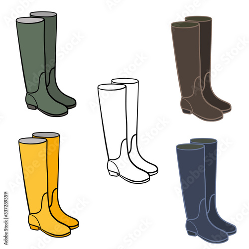 Set of differently coloured wellington boots. Vector outline illustration drawings of gumboots isolated on a white background.