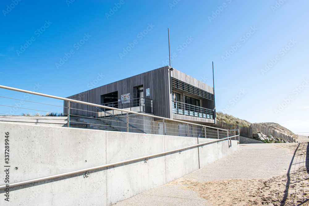 Saint Hillaire de Riez, France- February 23, 2019: view of the nautical base and access ramp to the beach of the young ladies of Saint Hillaire de Riez. Saint Hillaire de Riez, France- February 23, 2019: view of the nautical base and access ramp to the beach of the young ladies of Saint Hillaire de Riez.