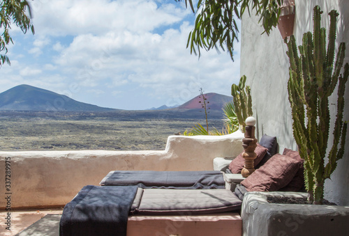 Old farm overlooking the national park of Lanzarote, Spain