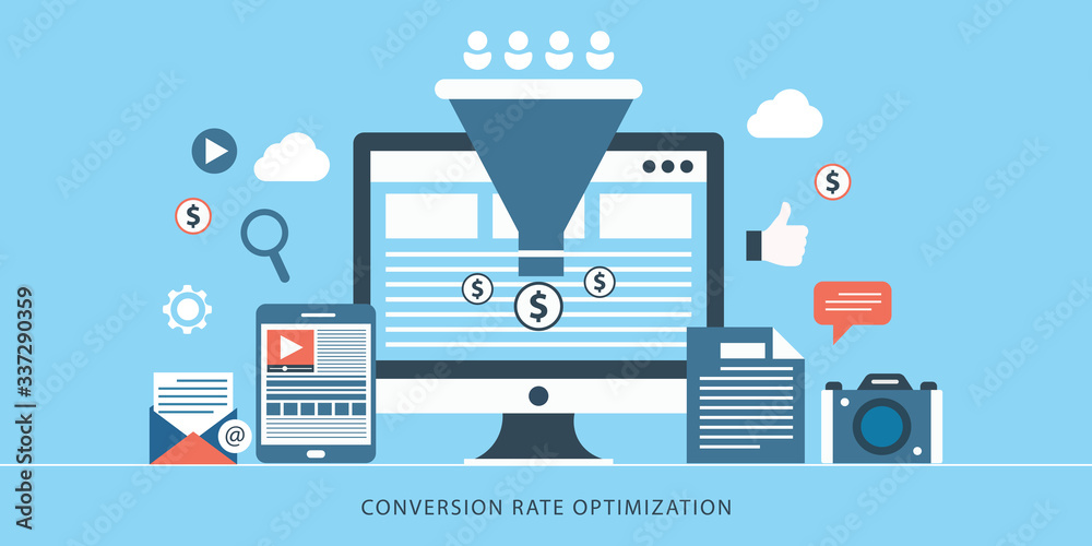 Conversion rate optimization, customer conversion, digital sales funnel flat vector banner illustration - obrazy, fototapety, plakaty 