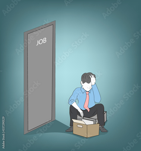 a man was fired from his job. sitting under the door with things. depression. hopelessness. vector illustration.