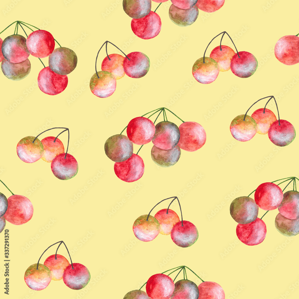 Red watercolor berries on yellow background: juicy seamless pattern, tender textile print and wallpaper design. Red watercolor berries on yellow background: juicy seamless pattern, tender textile print and wallpaper design.